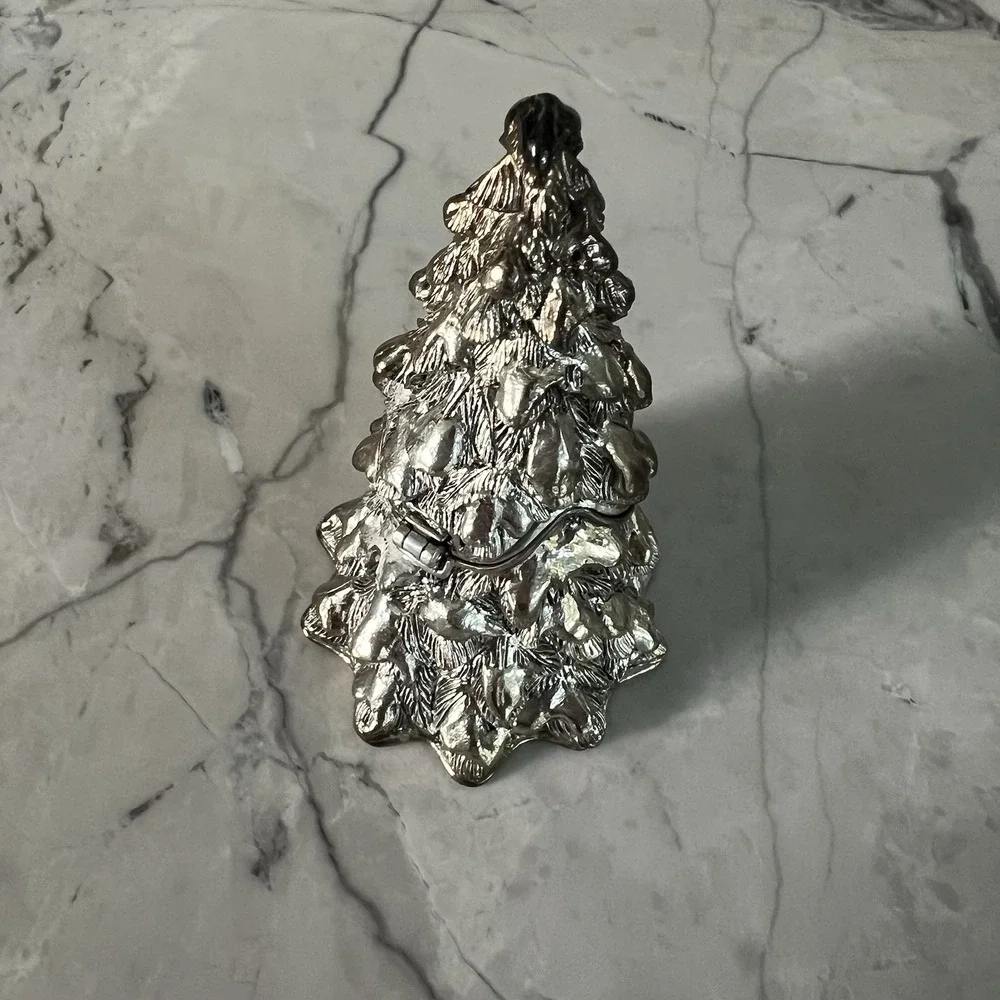 Small Silver Toned Metal Christmas Tree Design Trinket Box W/ Hinged Lid
